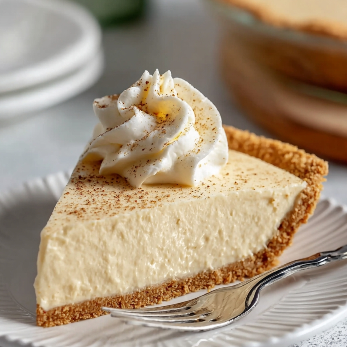 Slice of No Bake Eggnog Pie with graham cracker crust topped with whipped cream and nutmeg on a white plate