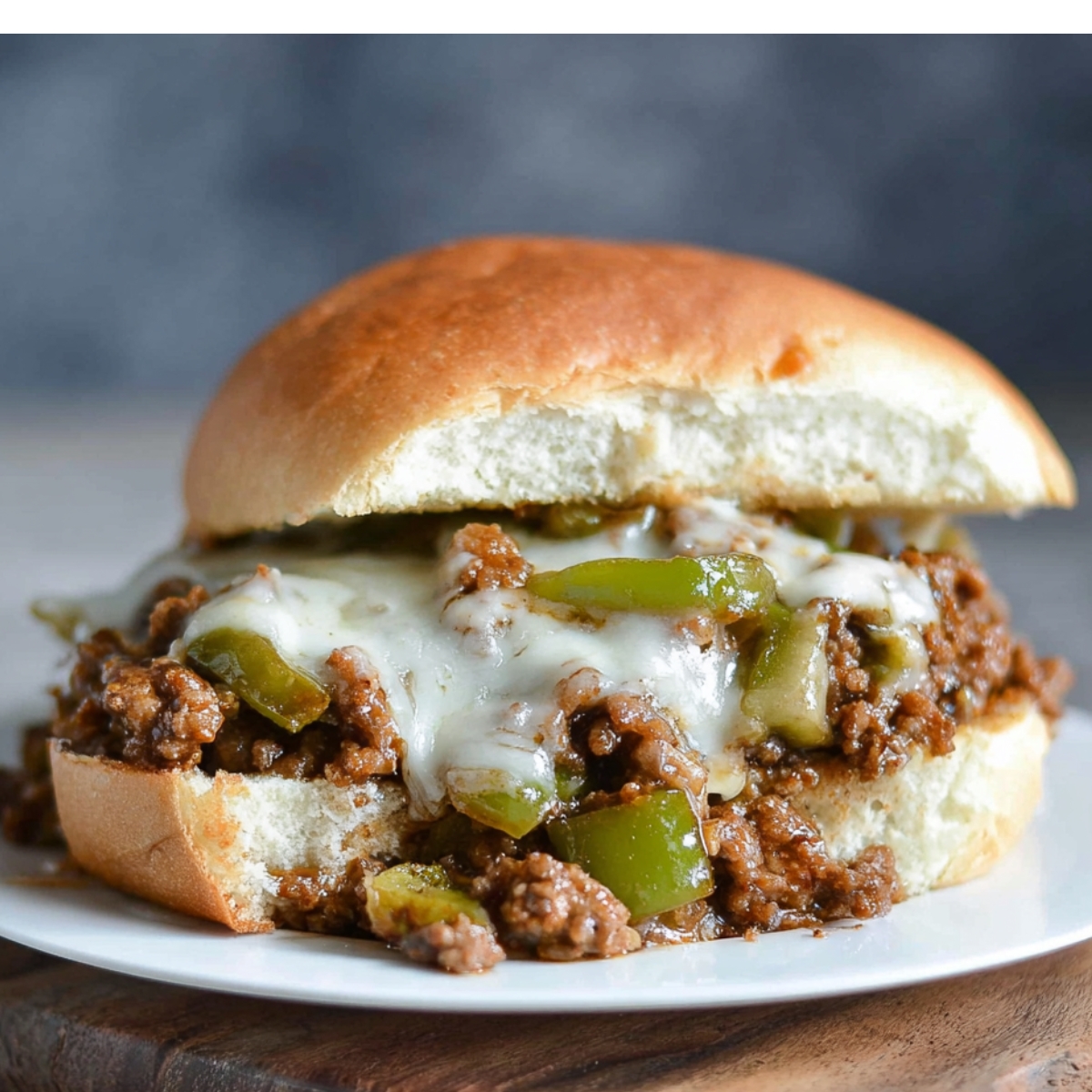 A simple, hearty Philly Cheesesteak Sloppy Joes sandwich, filled with seasoned beef, green peppers, and melted cheese.