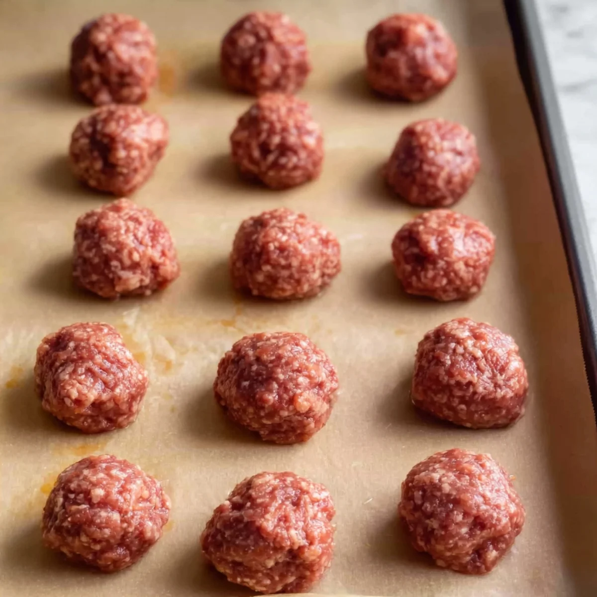 Raw meatballs arranged neatly on a parchment-lined baking tray, ready for cooking.