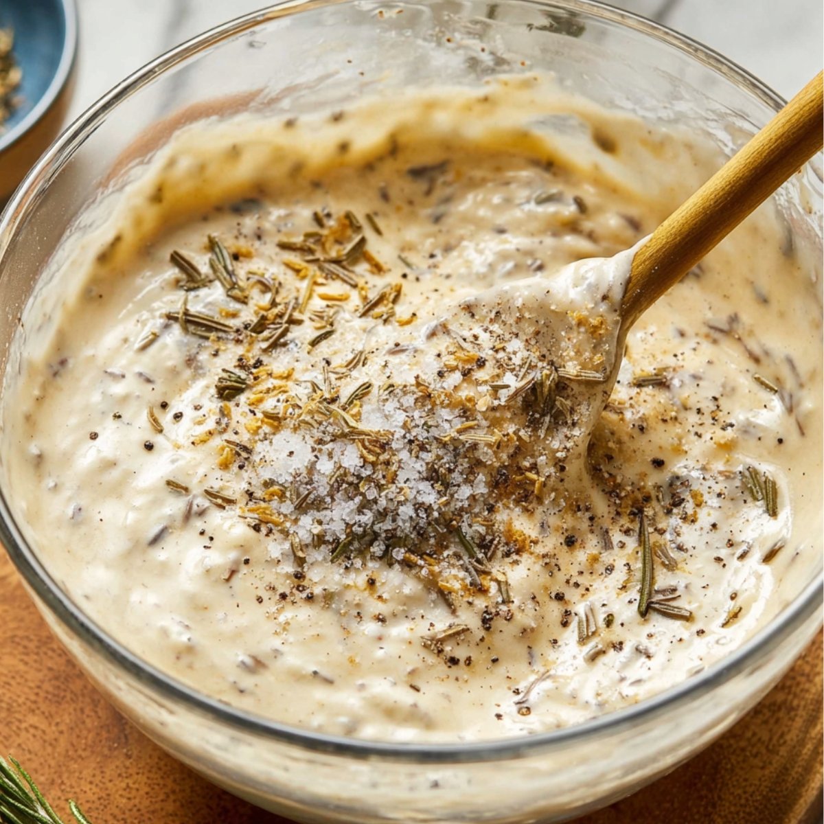 Close-up shot of a bowl containing garlic, thyme, olive oil, and other seasonings for marinating steak.