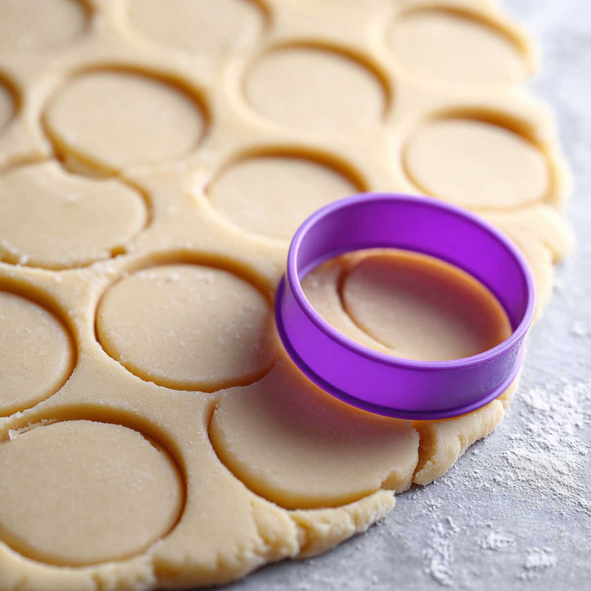 A rolling pin placed over cookie dough with round cut-outs, ready to bake. The dough is perfectly flattened with neatly cut cookie shapes.