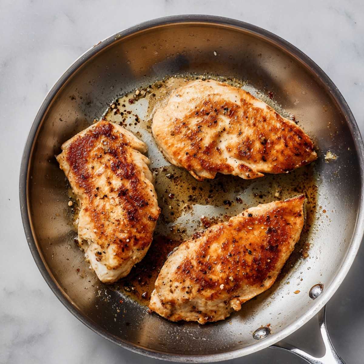 Golden brown pan-seared chicken breasts cooking in a stainless steel skillet, top-down view on light marble surface.