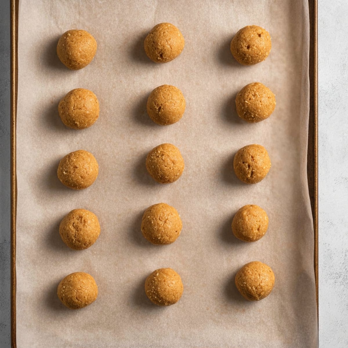 Peanut butter dough balls on a baking sheet, ready for coating.