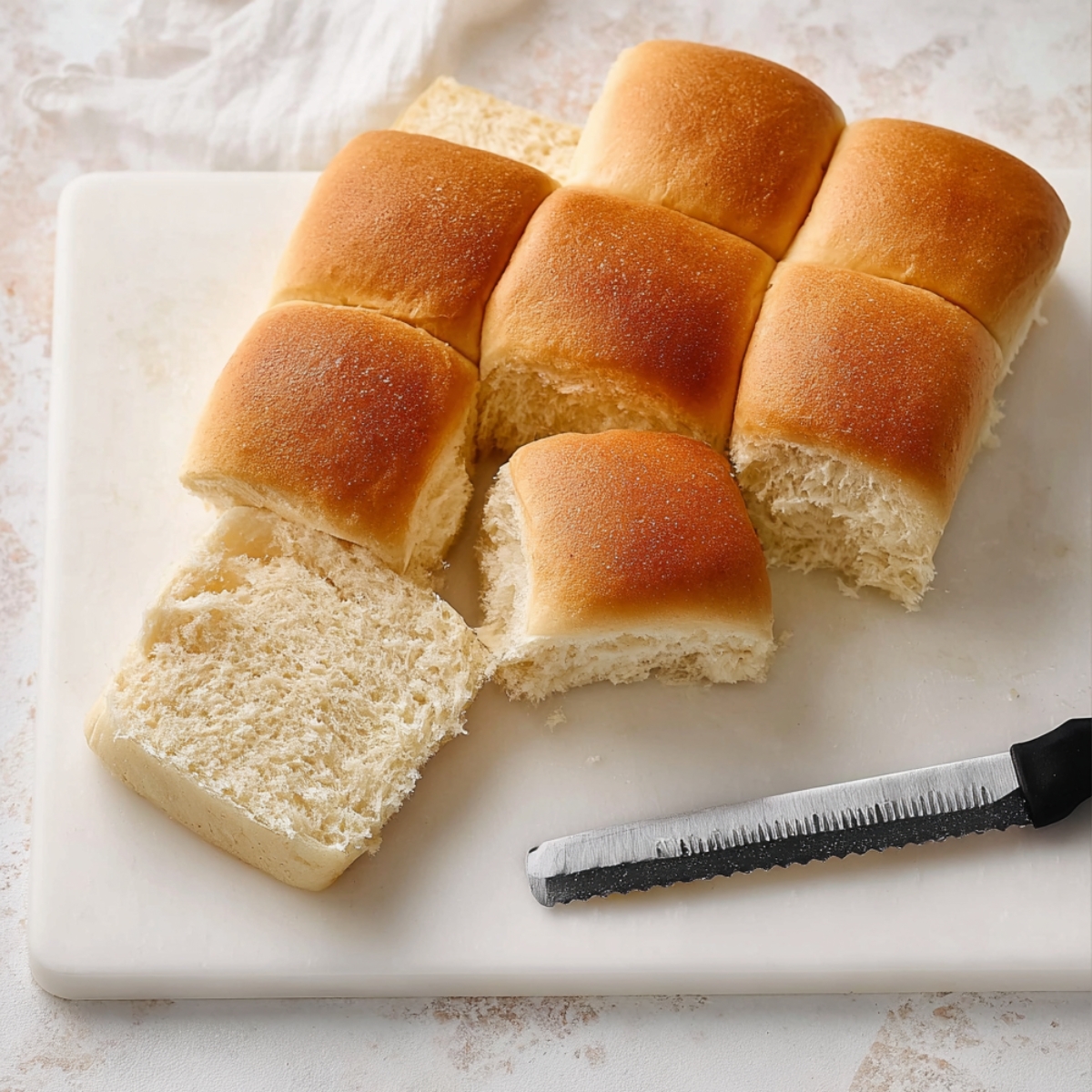 Sliced slider rolls with a serrated knife resting beside them on a cutting board.