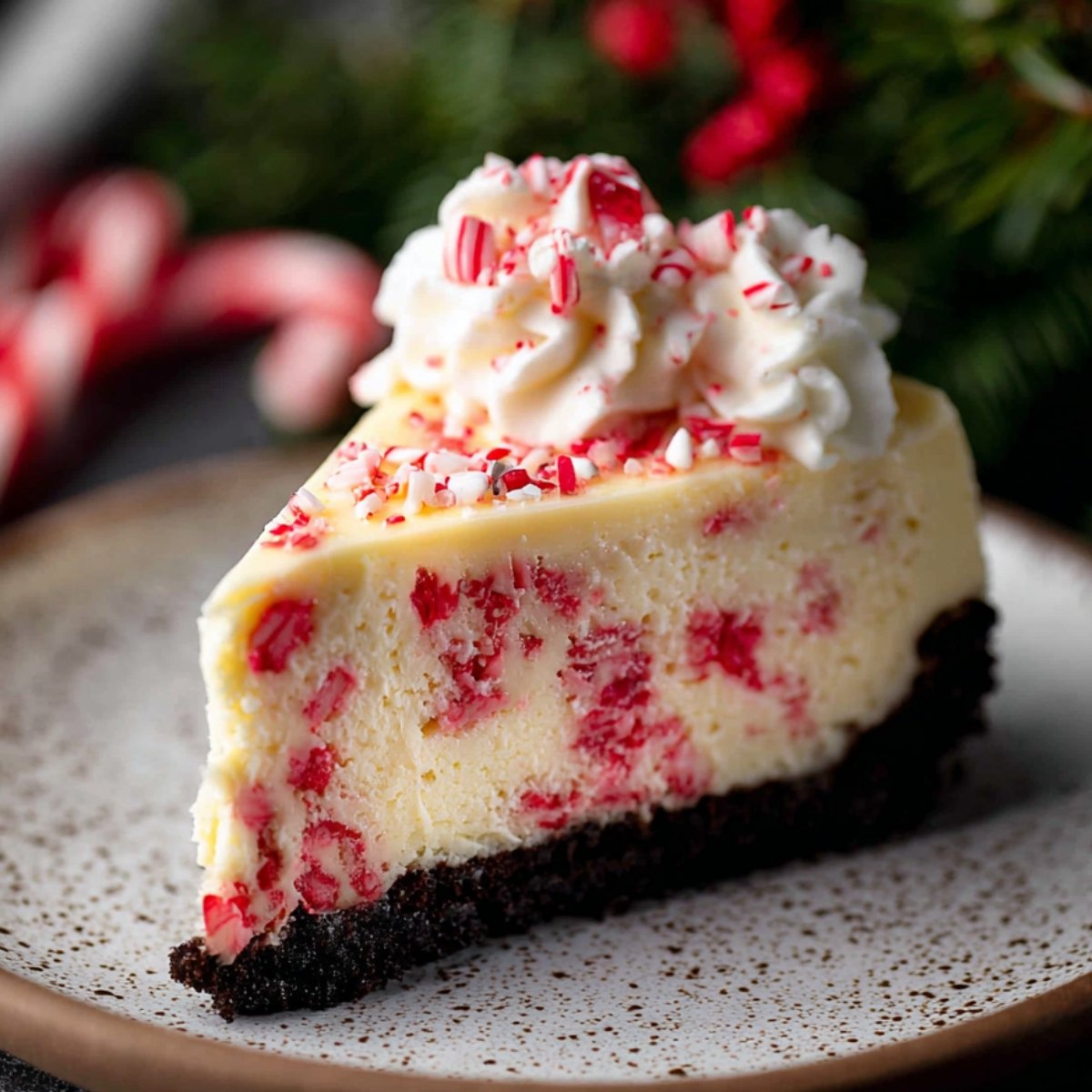 Slice of White Chocolate Peppermint Cheesecake topped with whipped cream and crushed peppermint on a speckled plate.
