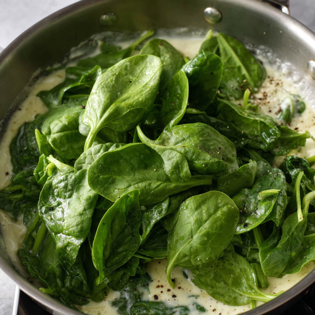 Fresh baby spinach being added to a creamy garlic sauce in a stainless steel skillet.