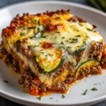 A serving of freshly baked Zucchini Pizza Casserole on a white plate. The dish is layered with zucchini, ground beef, tomato sauce, and melted cheese, garnished with fresh herbs. The casserole is golden and bubbling, ready to be served.