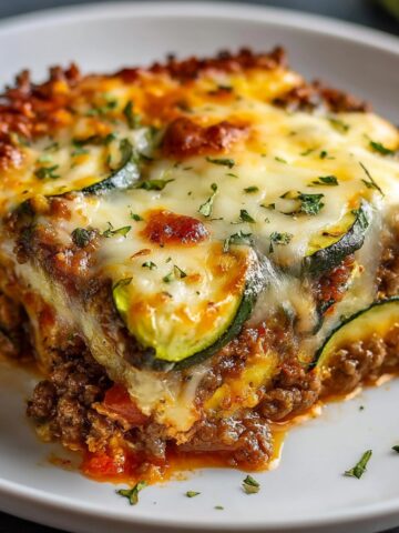 A serving of freshly baked Zucchini Pizza Casserole on a white plate. The dish is layered with zucchini, ground beef, tomato sauce, and melted cheese, garnished with fresh herbs. The casserole is golden and bubbling, ready to be served.