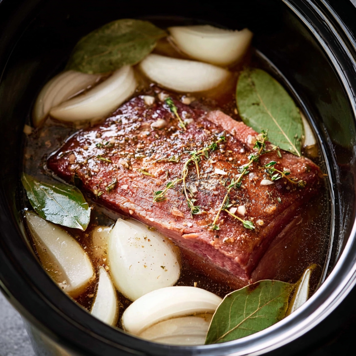 A piece of corned beef in a slow cooker with onions, bay leaves, and thyme, creating a flavorful base for cooking.