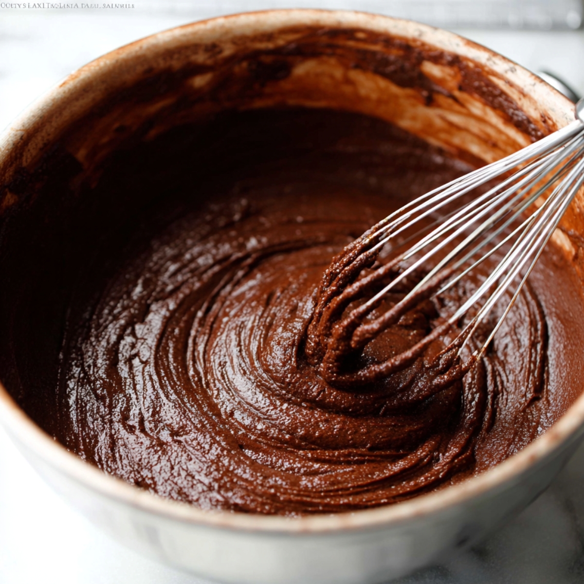 A whisk mixing chocolate brownie batter in a glass mixing bowl.