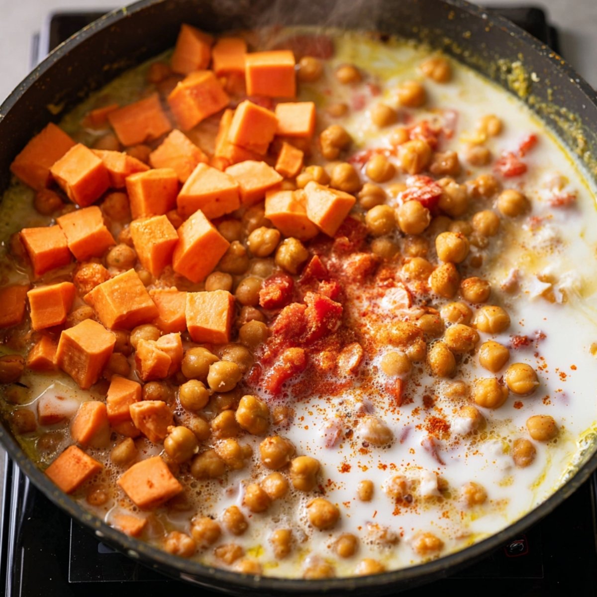 Sweet potatoes, chickpeas, and coconut milk added to a pan with tomatoes.