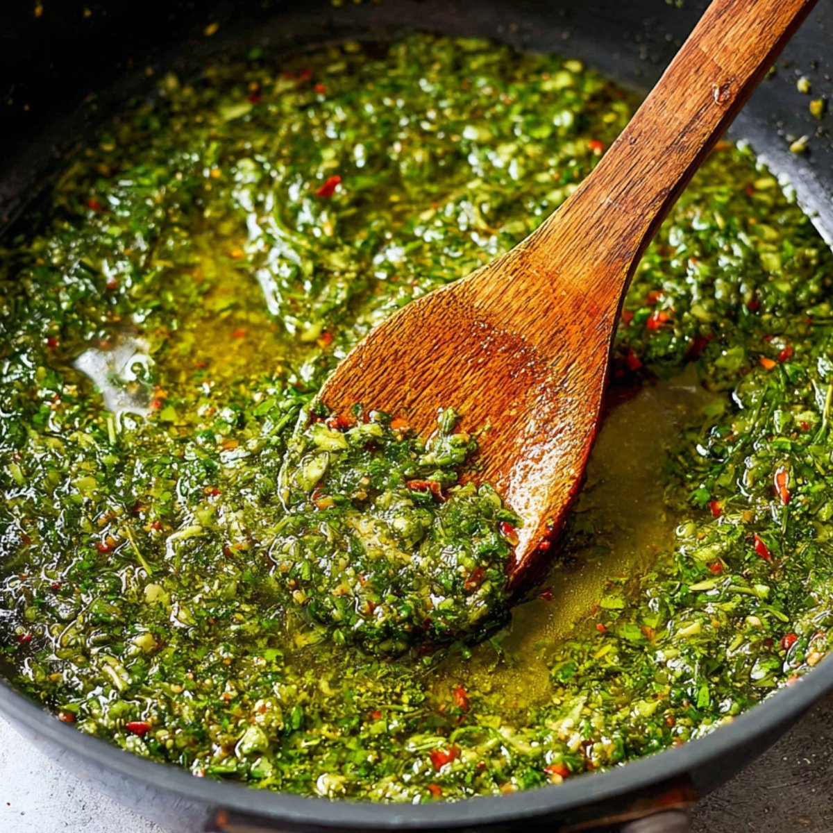 A wooden spoon stirring a vibrant green sauce made with herbs, garlic, and spices, simmering in a skillet. The sauce has a slightly oily consistency with visible herbs and a hint of red pepper.