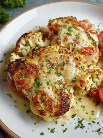 A plate of golden-brown Cauliflower Parmesan topped with melted cheese, fresh herbs, and tomato slices, creating a flavorful and satisfying dish.