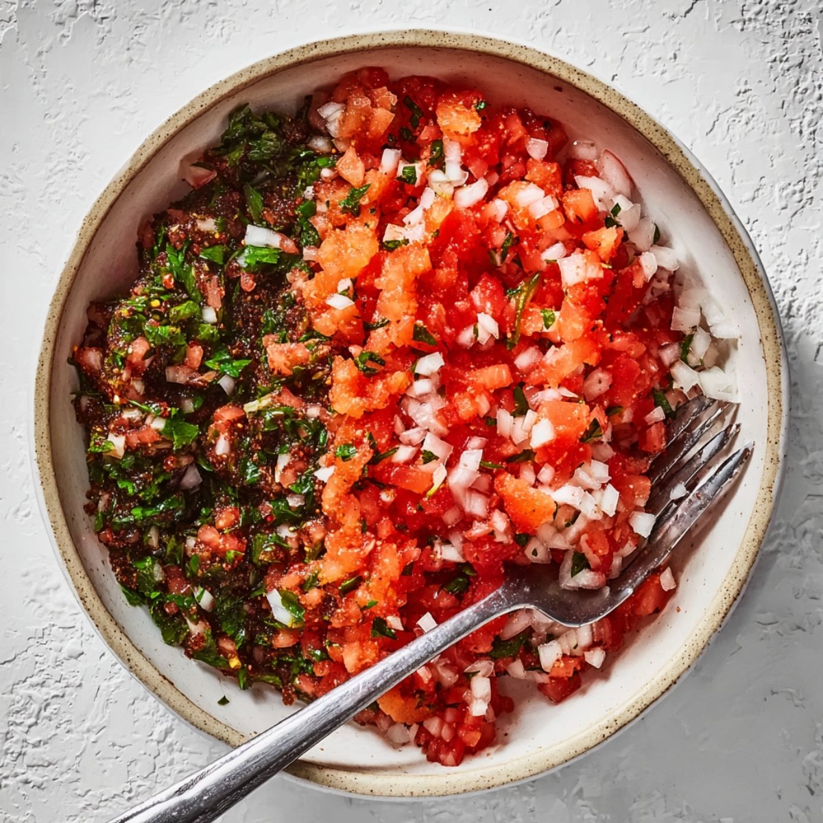 Chopped tomatoes, onions, and herbs on a cutting board for Turkish Ezme salad.