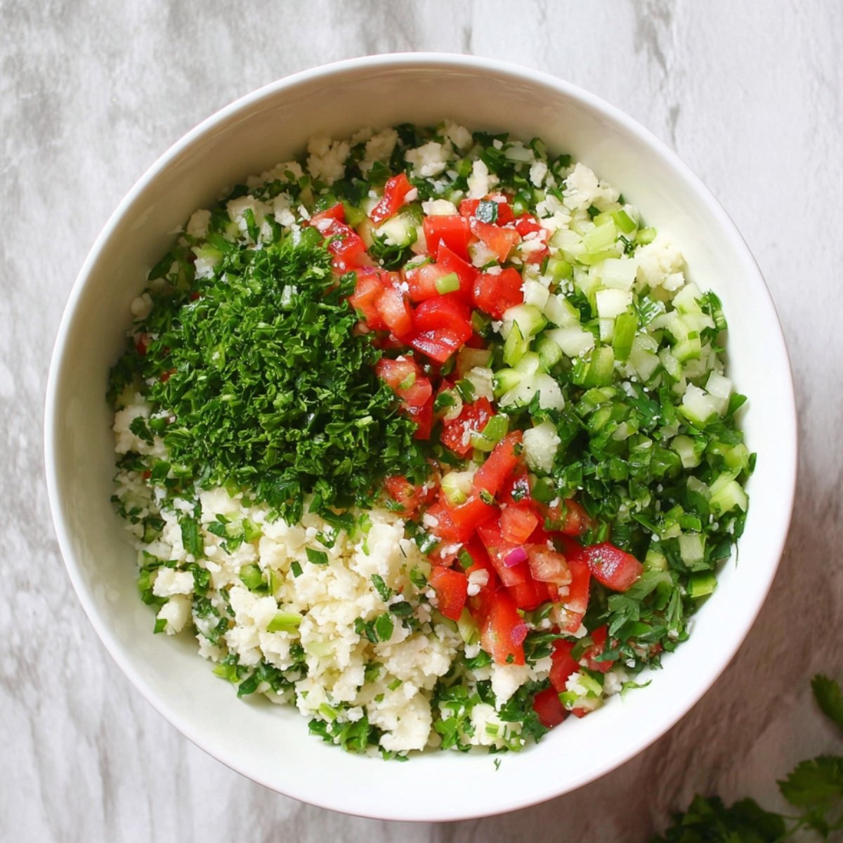 Cauliflower rice ready to be mixed with fresh vegetables and herbs for a vibrant Cauliflower Tabbouleh salad, offering a light and healthy twist on the classic.