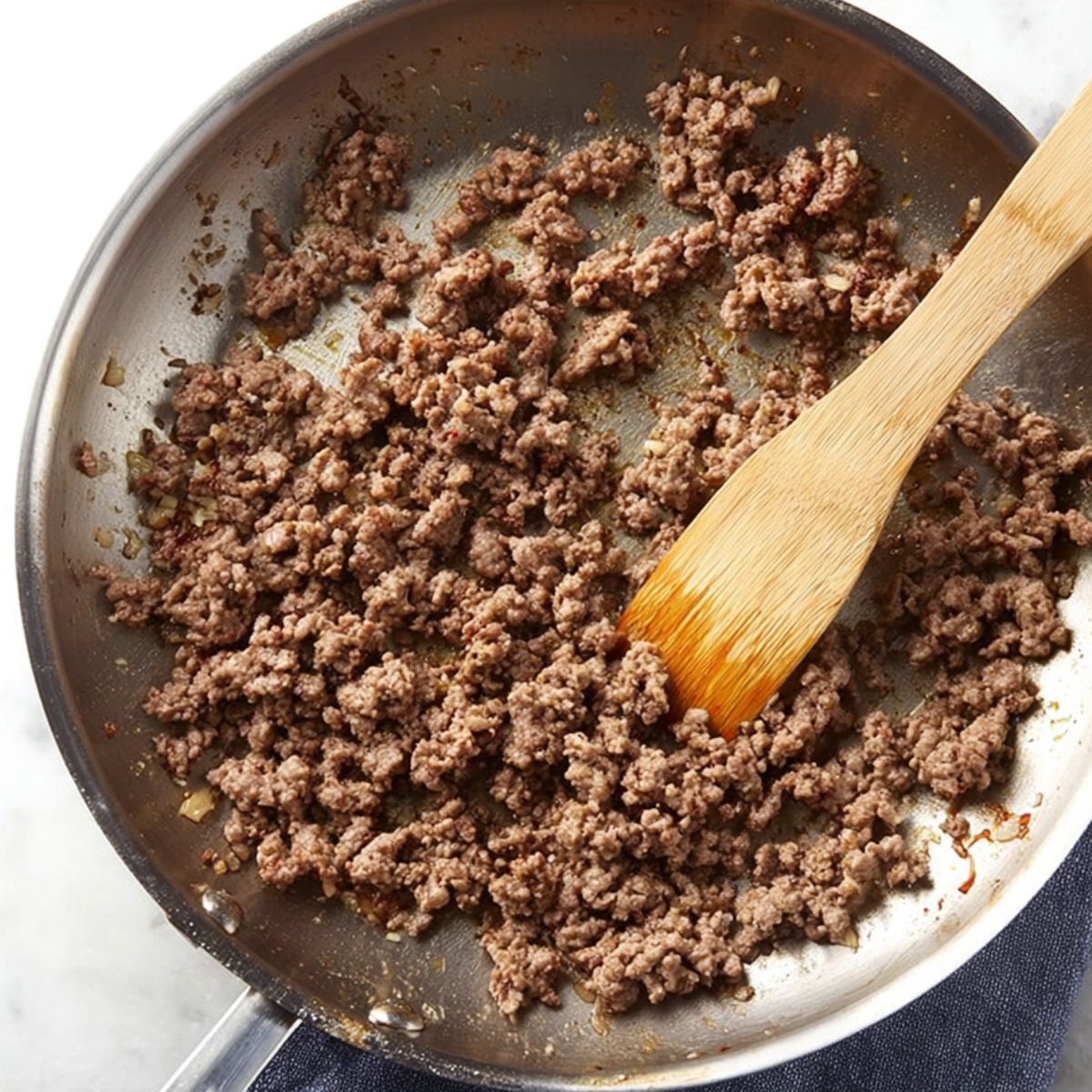 Ground beef cooking in a pan, browned and crumbled, ready to be incorporated into a delicious stir-fry or another dish.