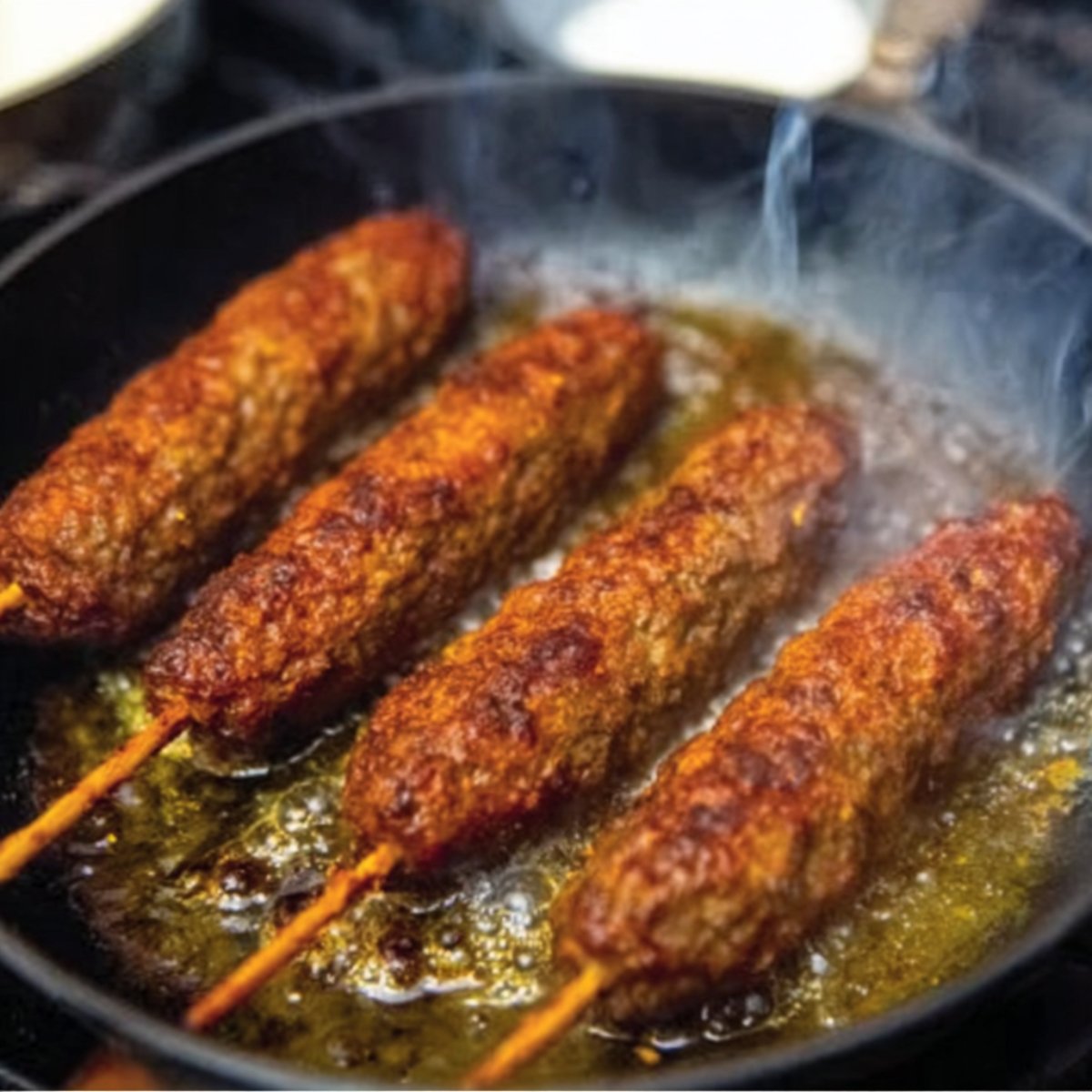 Sizzling kofta kebabs cooking in a skillet, developing a crispy, browned exterior as they are being fried to perfection.