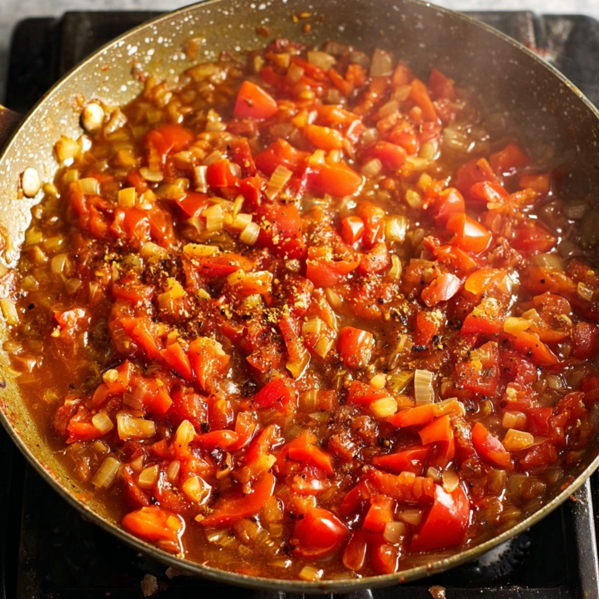 Diced tomatoes cooking with onions and spices in a pan.