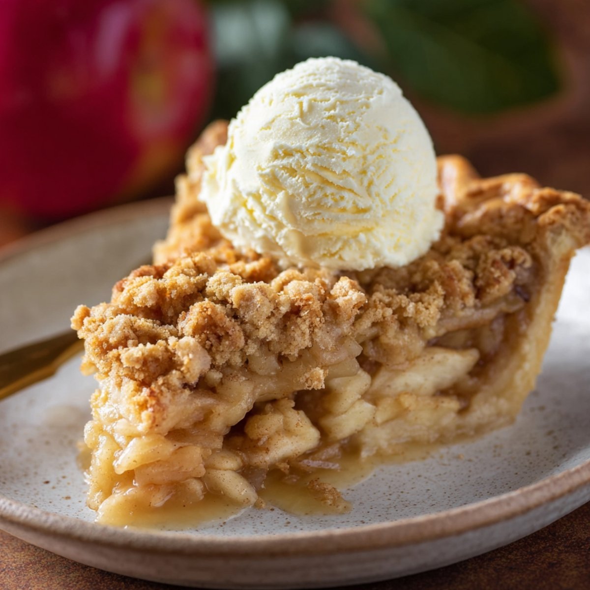 A slice of Dutch apple pie with a scoop of vanilla ice cream on top