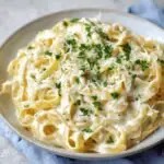 Plate of creamy Fettuccine Alfredo topped with fresh parsley and grated parmesan cheese. The pasta is rich and creamy, served on a light blue napkin.