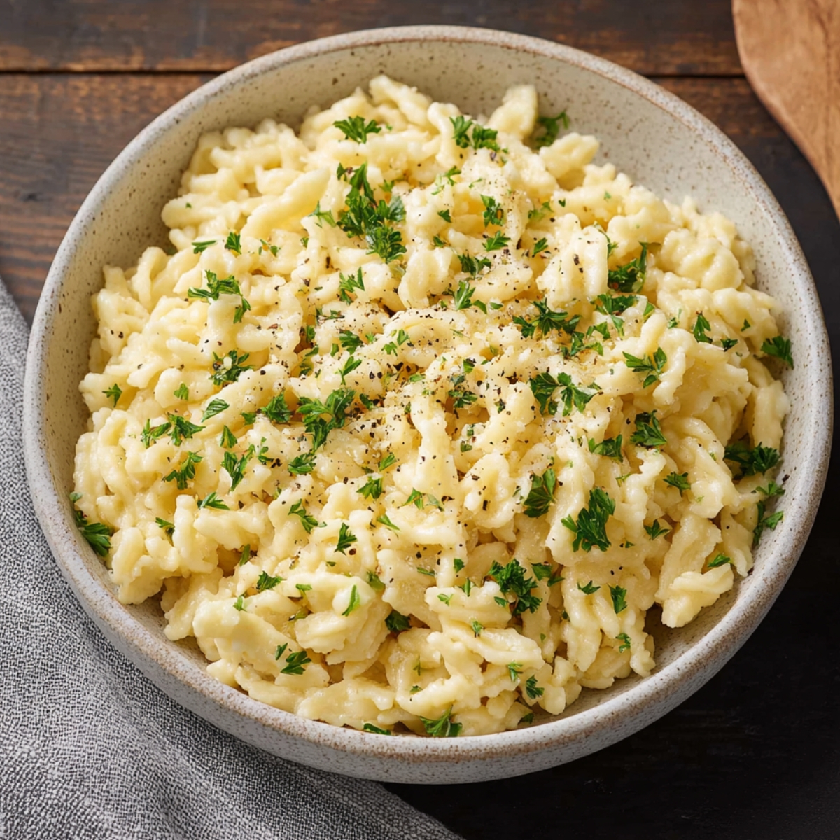 Homemade Spaetzle served in a bowl, showcasing the soft, tender texture of the dumplings.