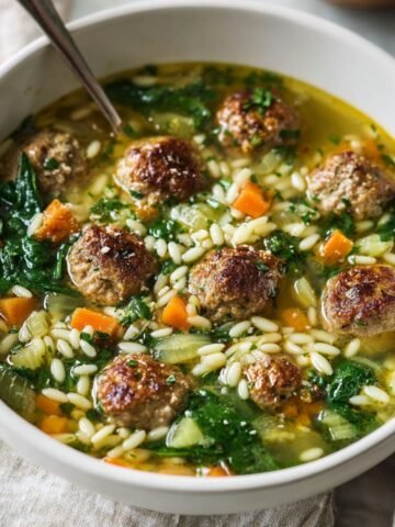 A comforting bowl of Italian Wedding Soup, featuring tender meatballs, spinach, carrots, and orzo, all simmered together in a rich broth.