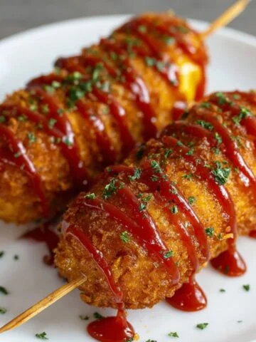 Fried Mac and Cheese Korean Corn Dog with melted cheese spilling out, drizzled with ketchup.