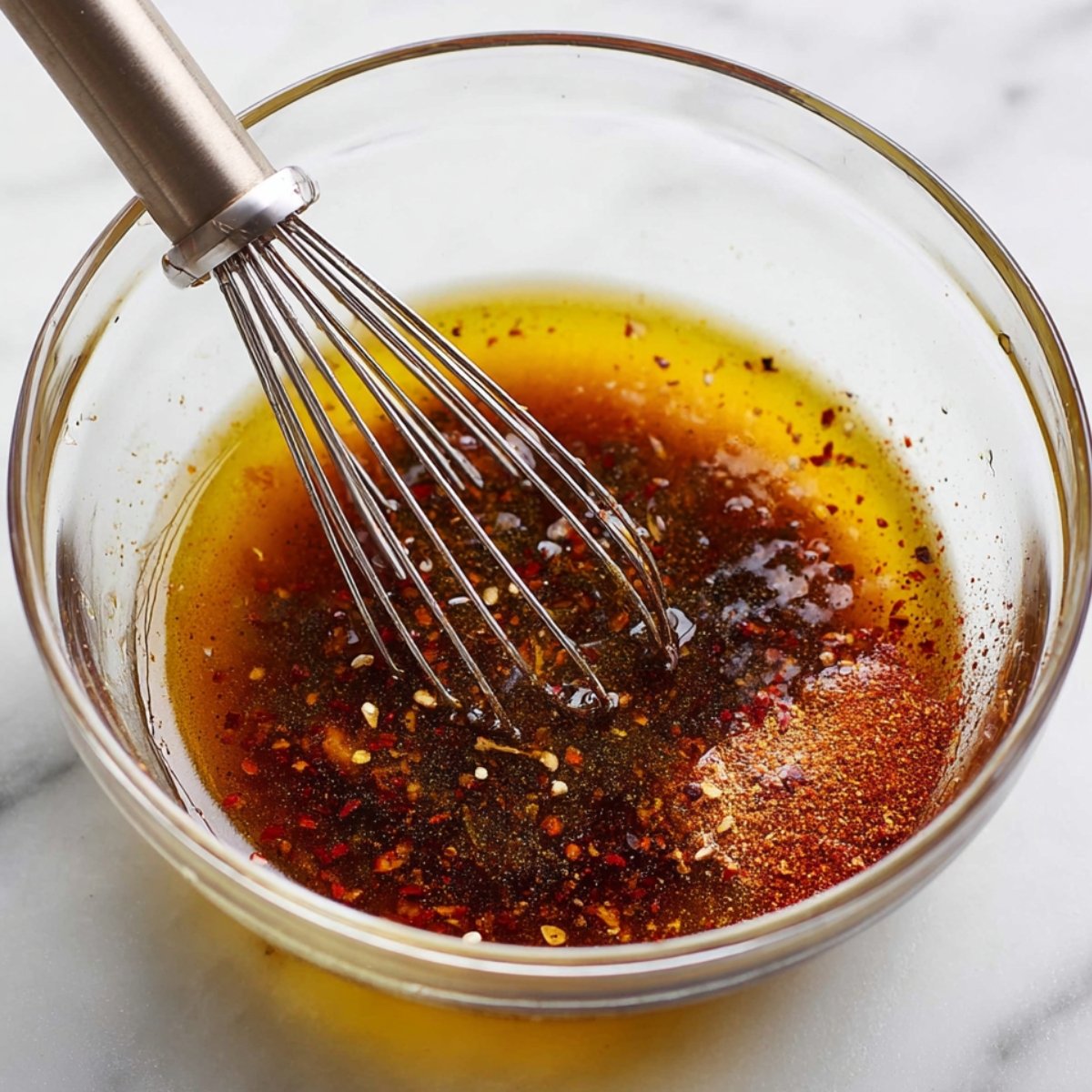 A whisk stirring a smoky, spicy dressing made with olive oil, vinegar, and seasonings like chili powder and cumin.