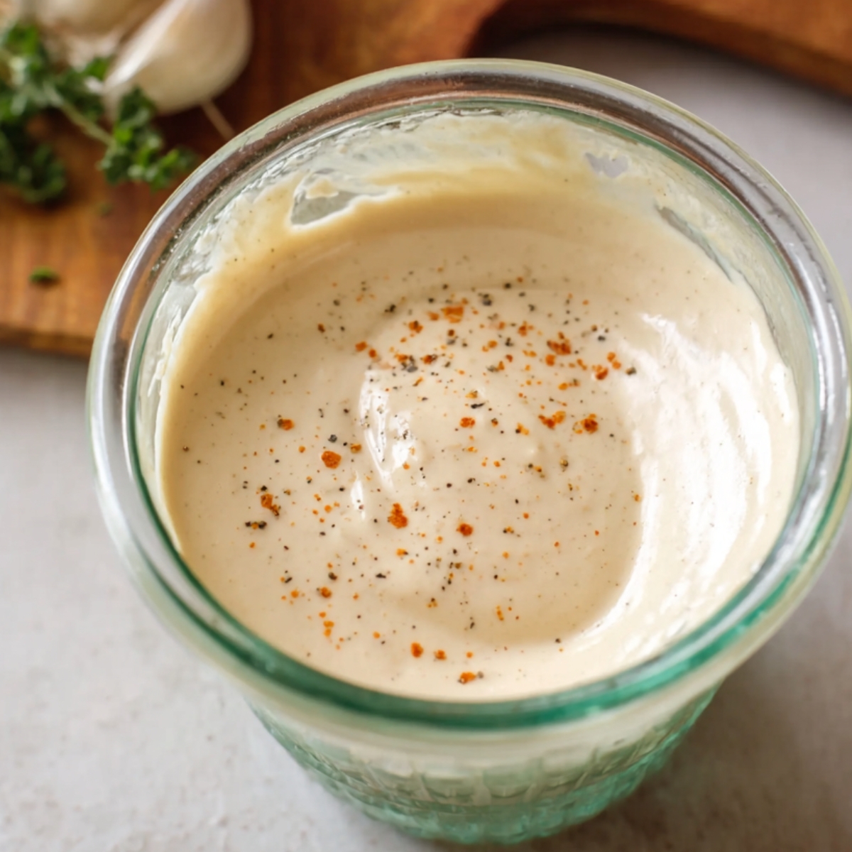 A close-up of a jar of creamy dressing with a sprinkle of black pepper and seasoning.