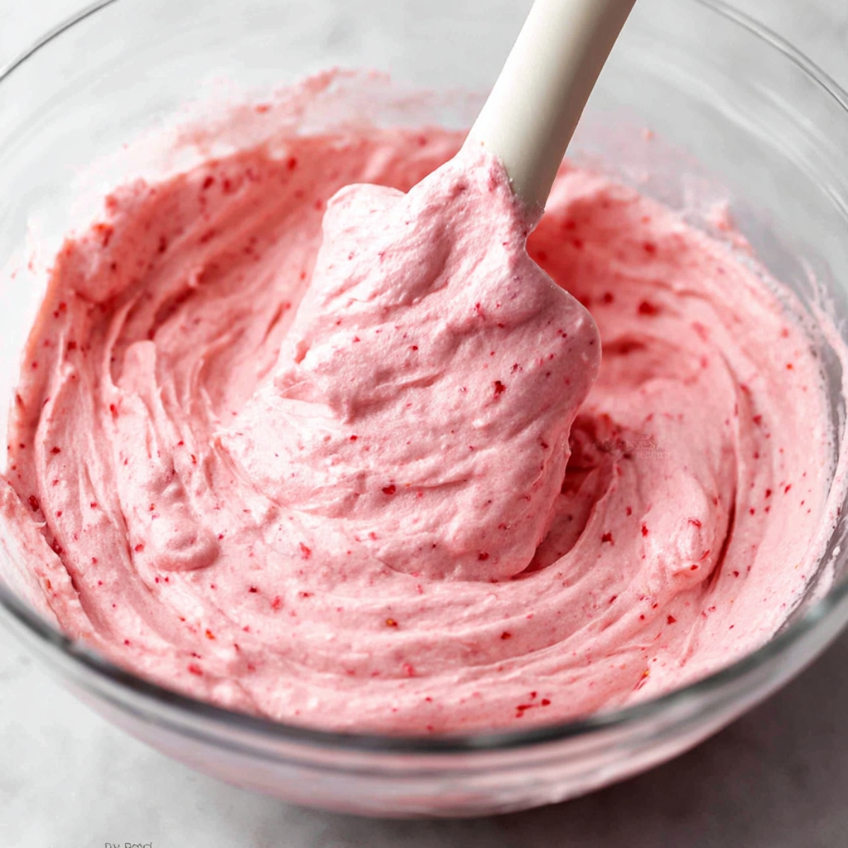 Pink strawberry buttercream frosting being mixed in a bowl.