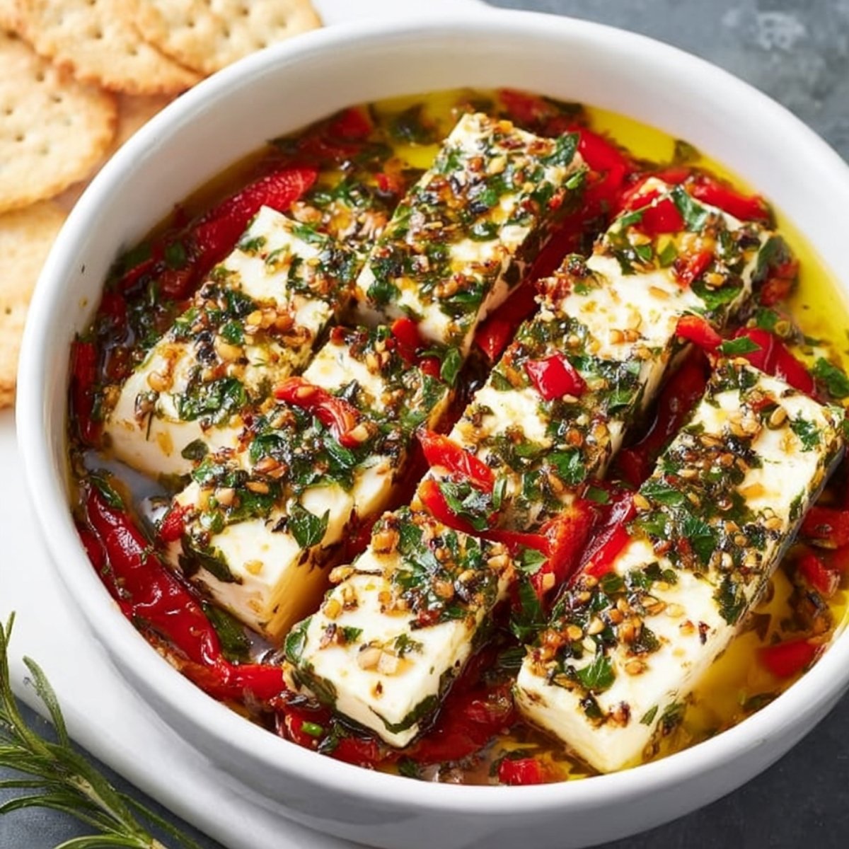 A dish of Marinated Cheese, including slices of cheese and red peppers soaked in an aromatic herb oil marinade.