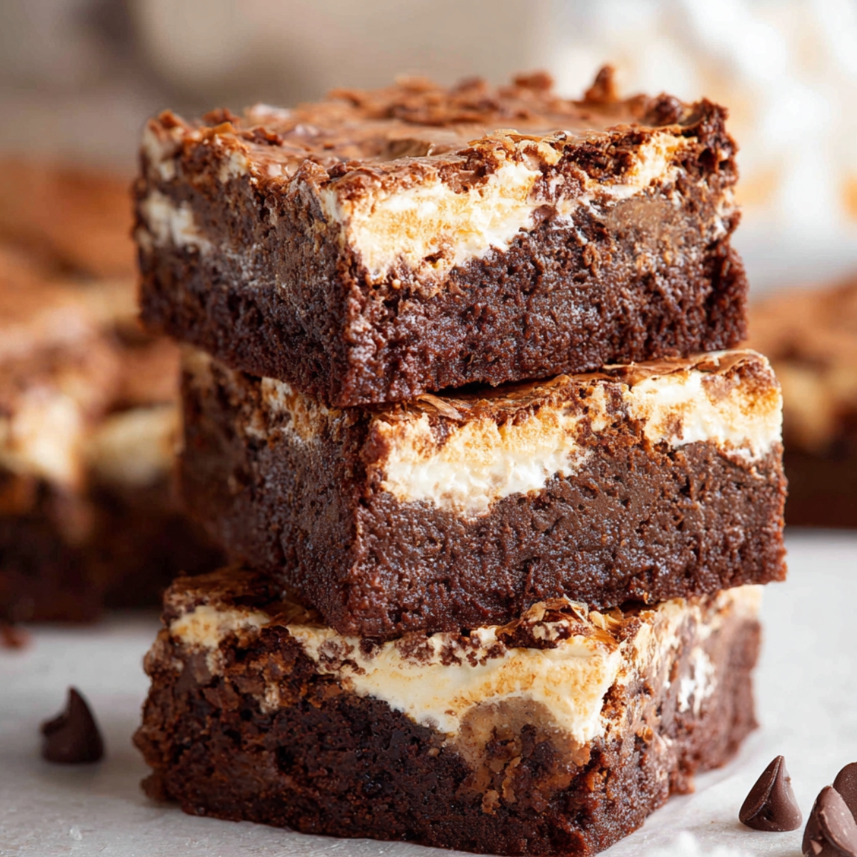 A stack of rich, fudgy marshmallow brownies with a golden, marshmallow topping, showing the smooth chocolate layers inside.