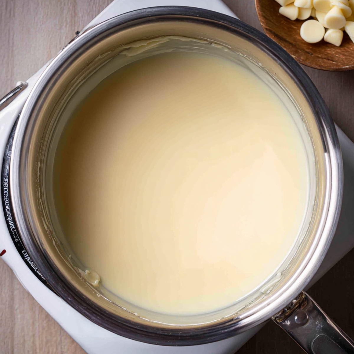 Butter and white chocolate melting together in a double boiler setup, forming a smooth, creamy mixture.
