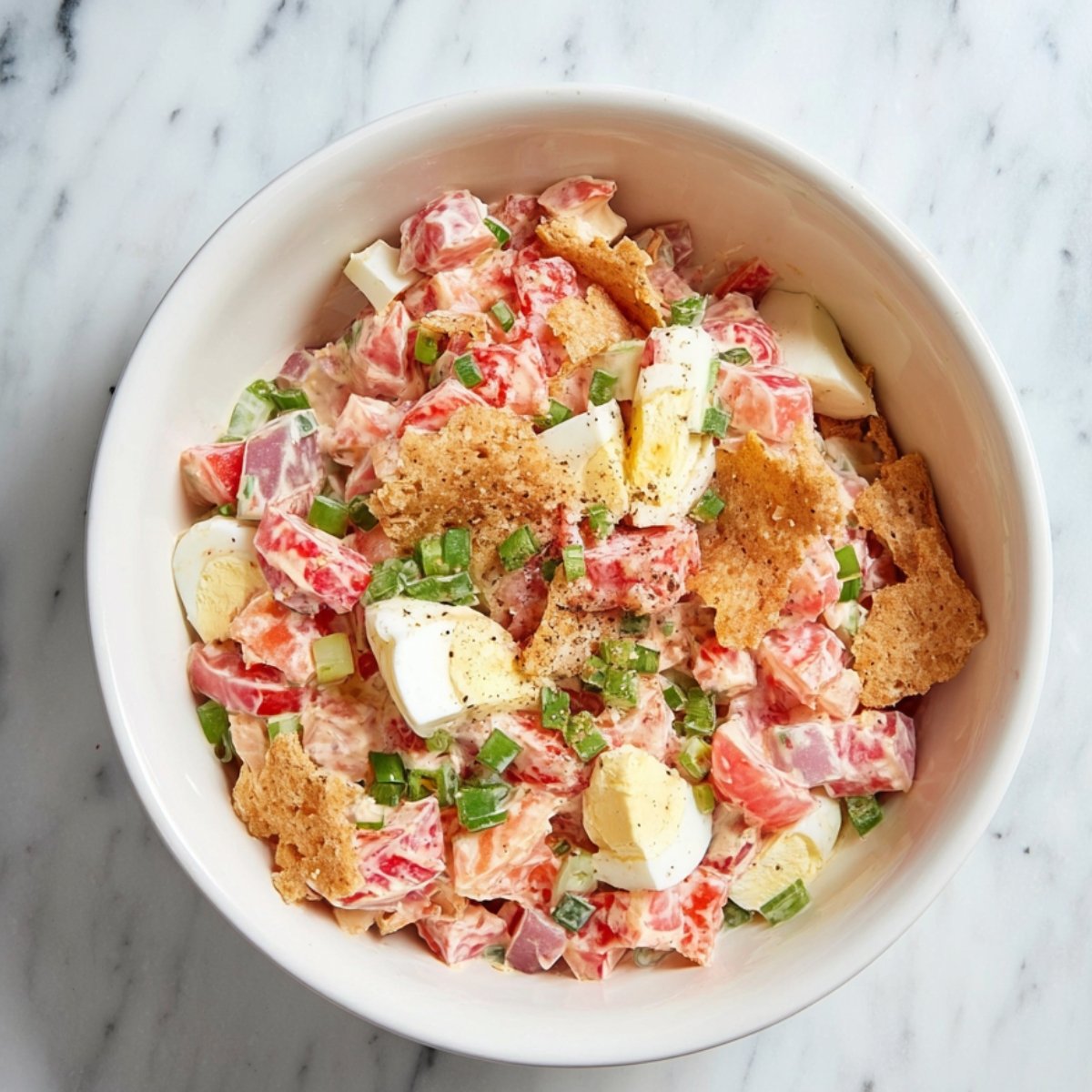 Tomato cracker salad topped with green onions and black pepper.