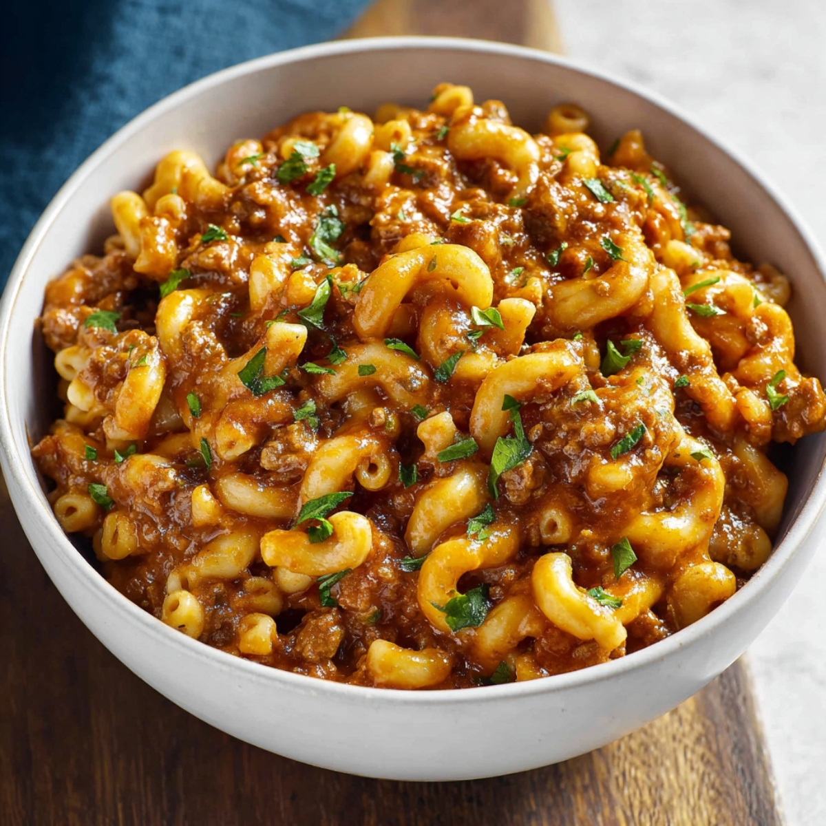 A comforting bowl of One Pot Chili Mac, featuring elbow macaroni mixed with a savory beef and tomato sauce, garnished with fresh parsley.