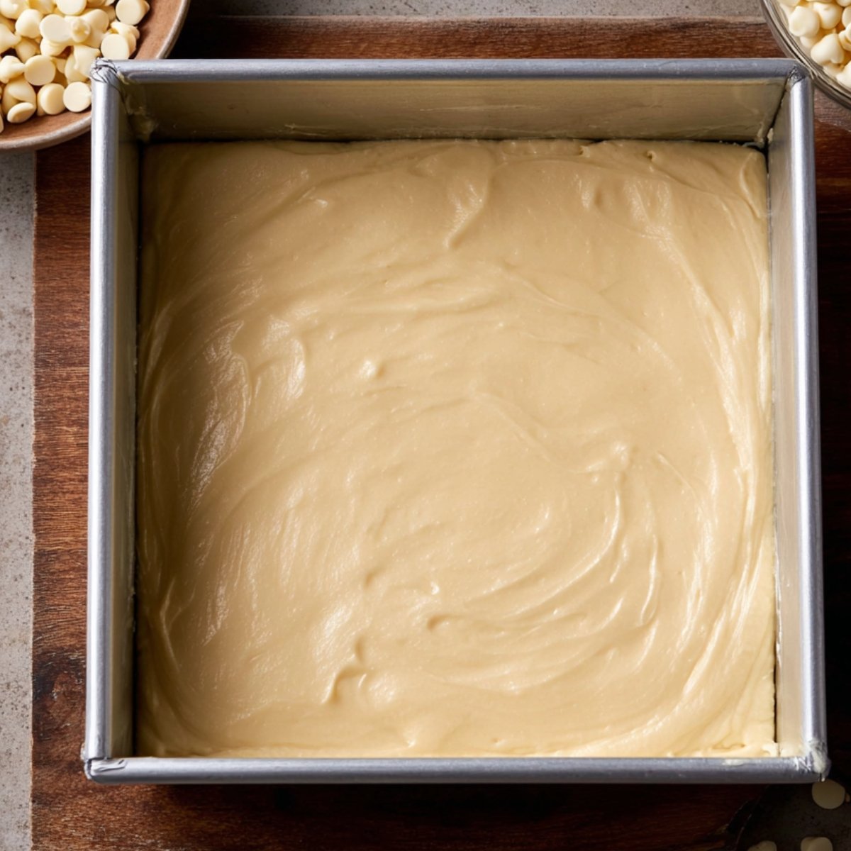 Smooth white chocolate batter poured and spread evenly in a metal square baking pan, ready to be baked.