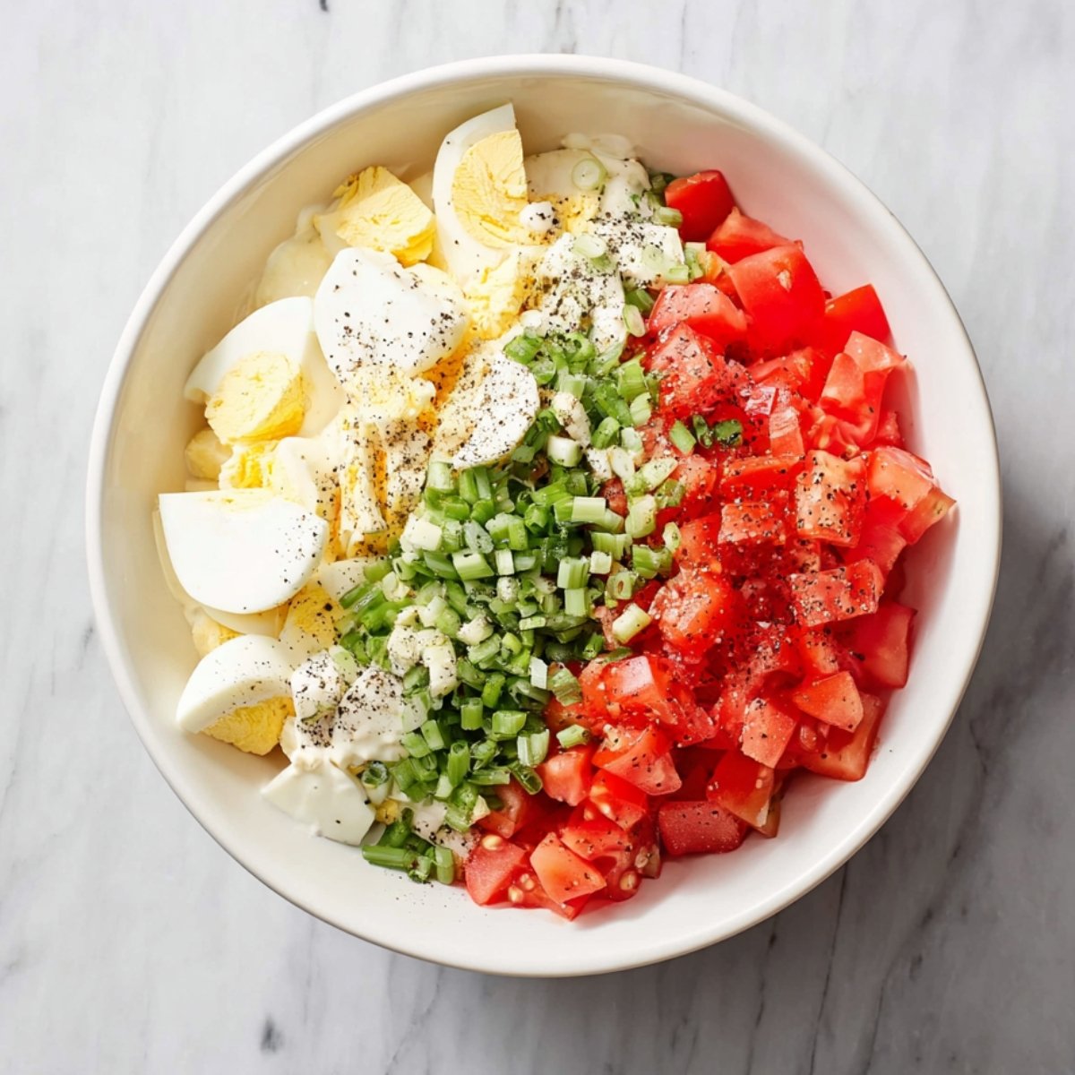 Tomato salad ingredients arranged in a bowl: tomatoes, eggs, green onions, mayo, and black pepper.