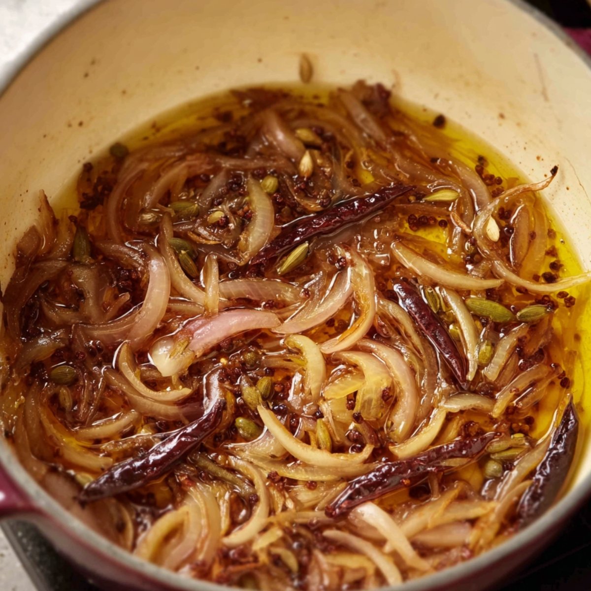 Onions sautéed with spices like dried red chilies and cardamom in oil, creating a fragrant base for cooking.