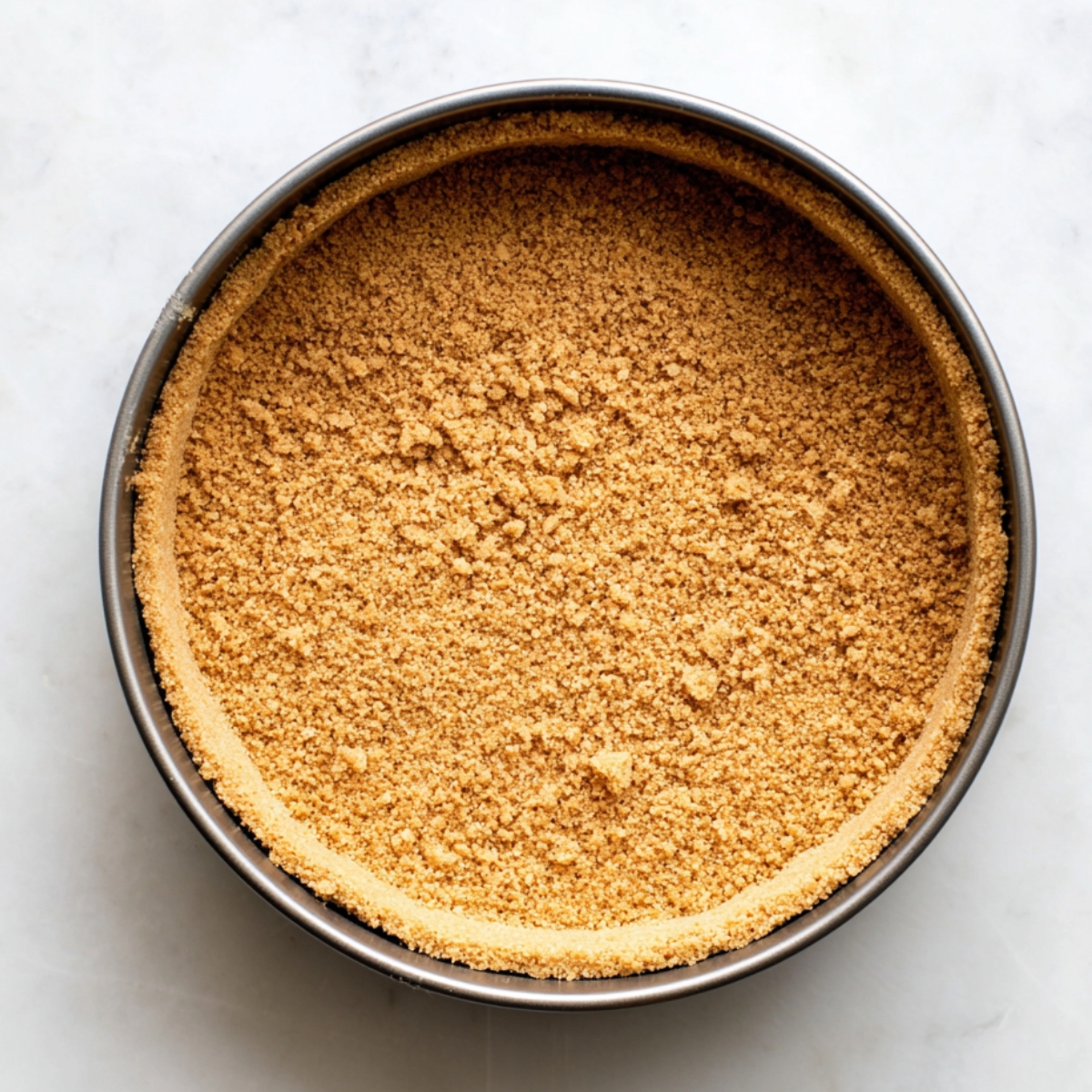 A graham cracker crust, evenly pressed into a springform pan, forming a solid base for a Banoffee pie.