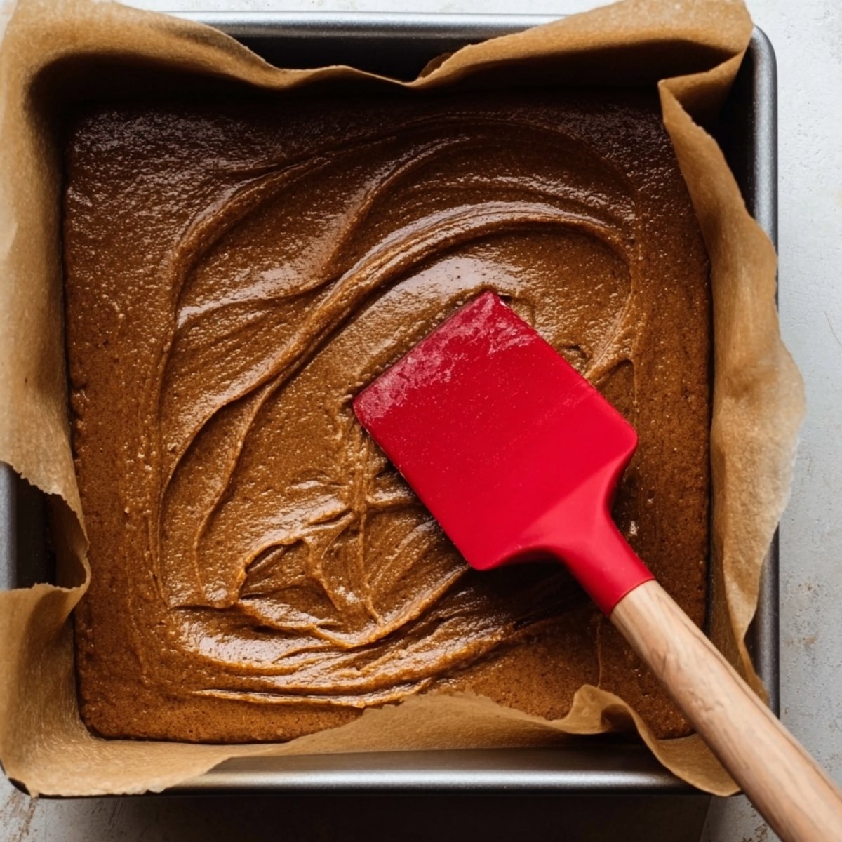 Gingerbread dough pressed into a square baking pan, ready to bake.
