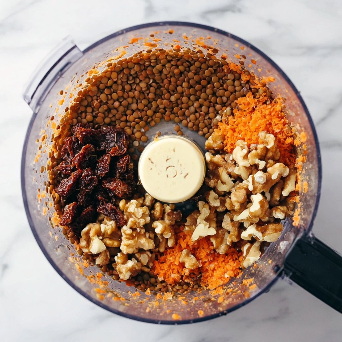 A food processor filled with a mixture of finely processed carrots, lentils, walnuts, and sun-dried tomatoes for a vegan lentil loaf.