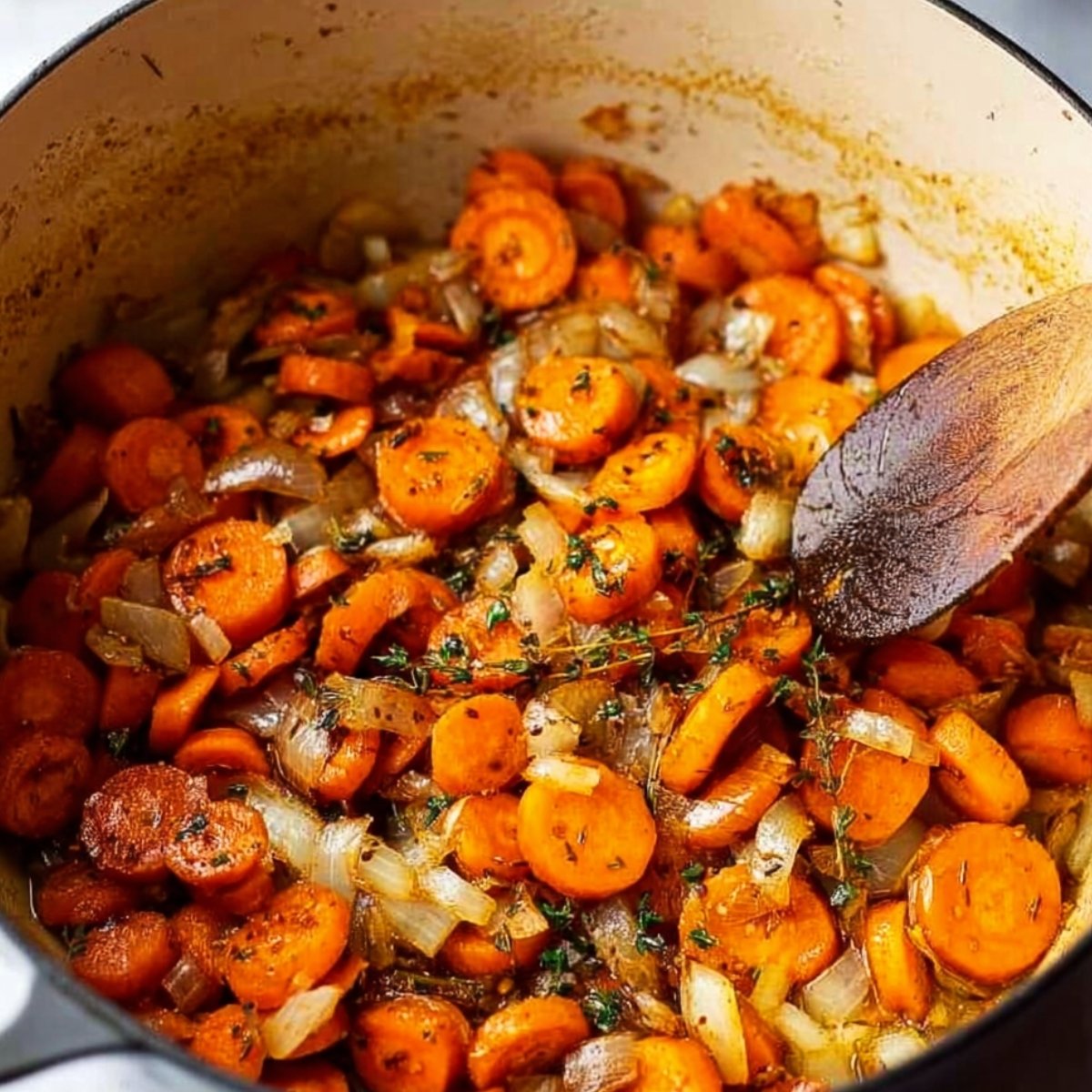Sautéed carrots and onions with herbs in a pot, creating a flavorful base for a hearty white bean and bacon soup.