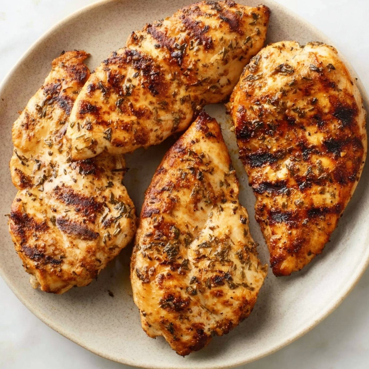 Four perfectly grilled chicken breasts on a plate, seasoned with herbs and spices, with a golden-brown, slightly charred exterior.