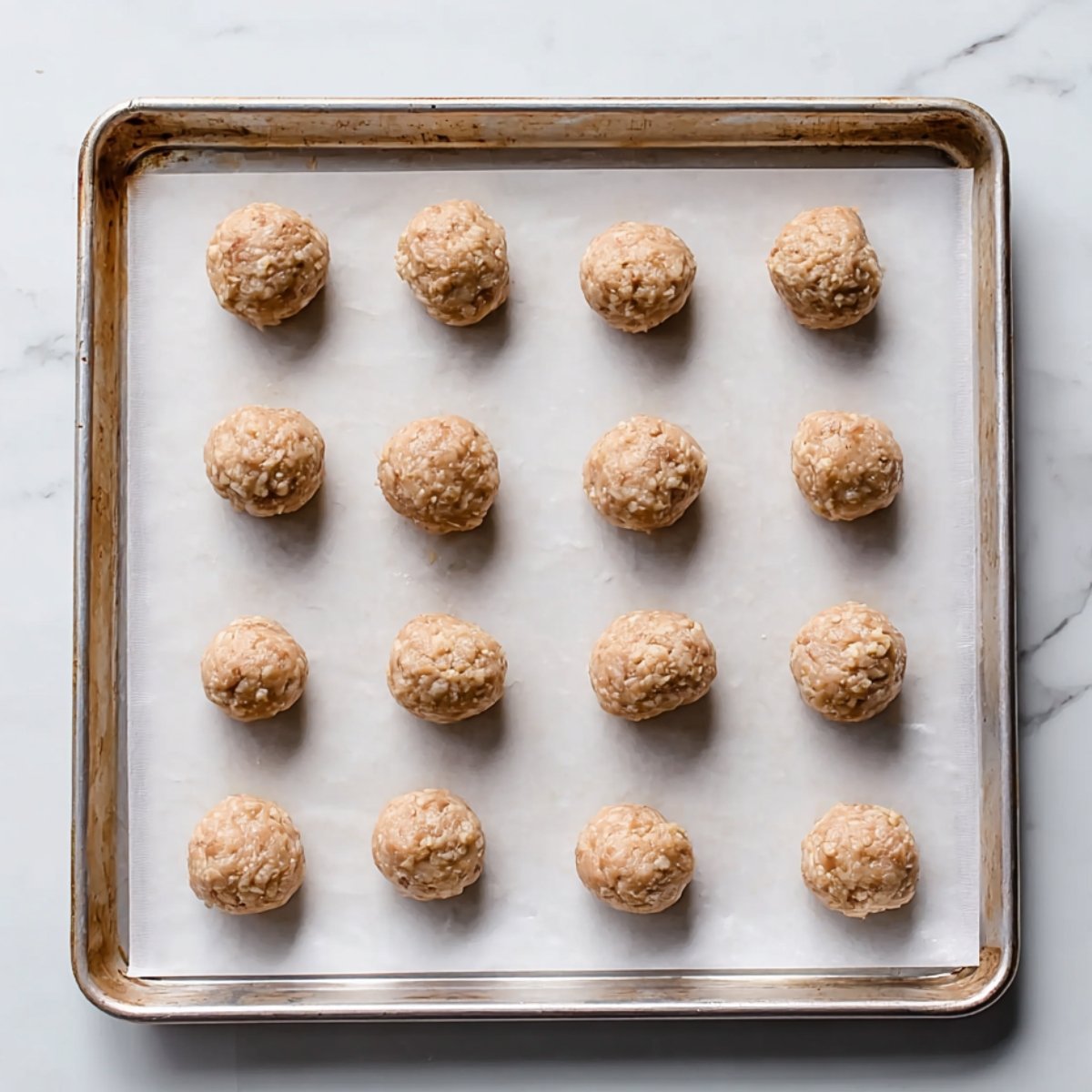 Meatballs being formed and placed on a baking sheet