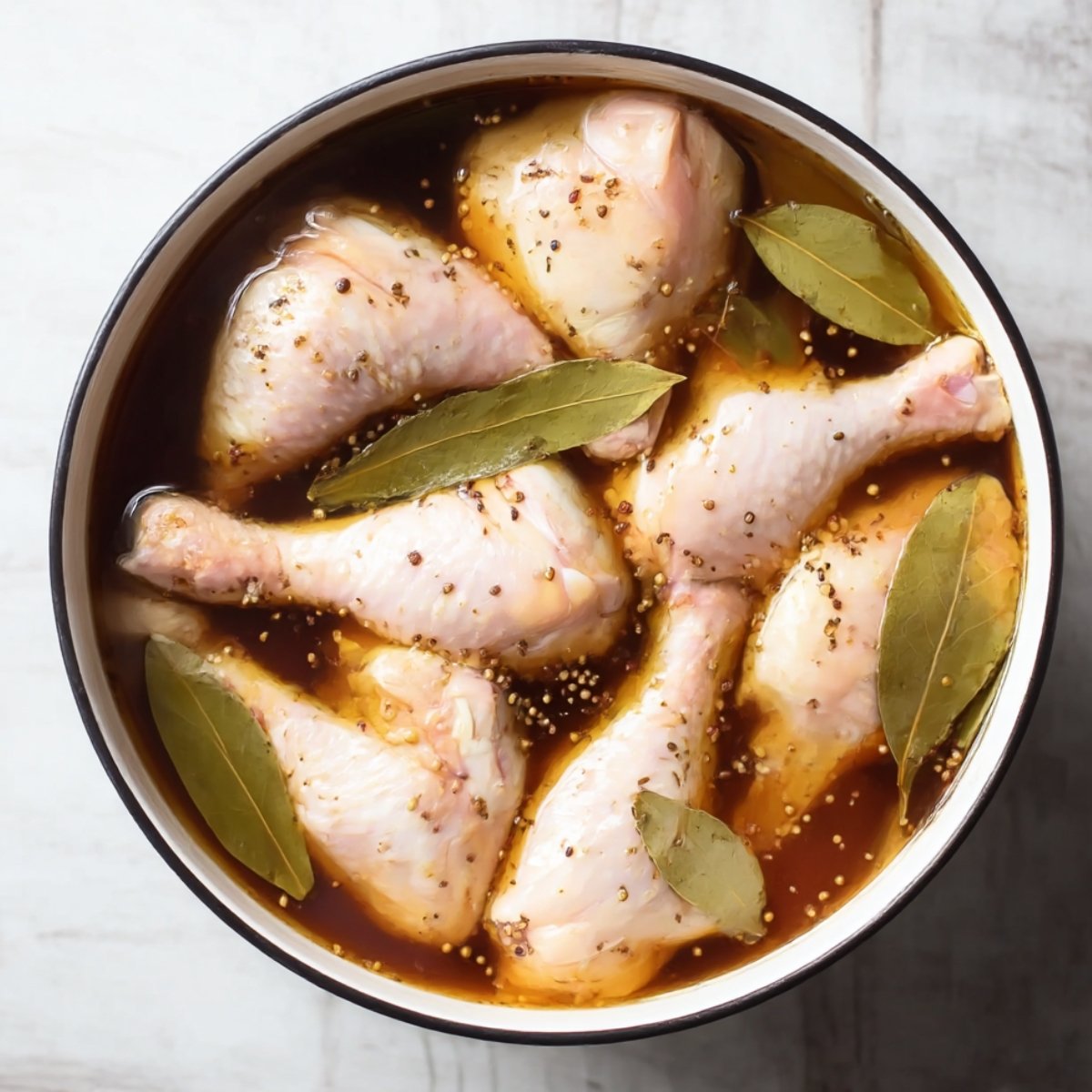 Chicken drumsticks simmering in a savory marinade with bay leaves and peppercorns, ready for cooking.