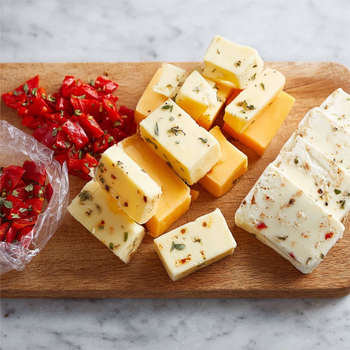 A cutting board with slices of different cheeses and chopped red peppers, ready to be marinated.