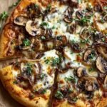 A delicious White Mushroom Pizza topped with caramelized onions, mozzarella cheese, and fresh thyme, with a slice pulled out.