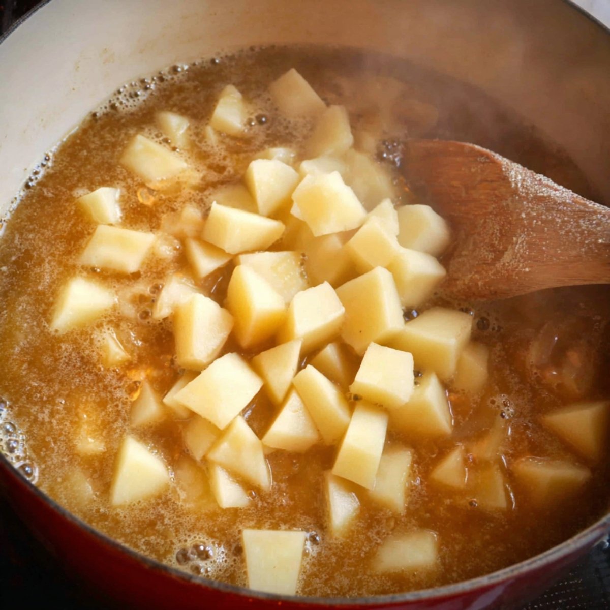 Cubed potatoes added to a simmering broth in a pot, with steam rising.