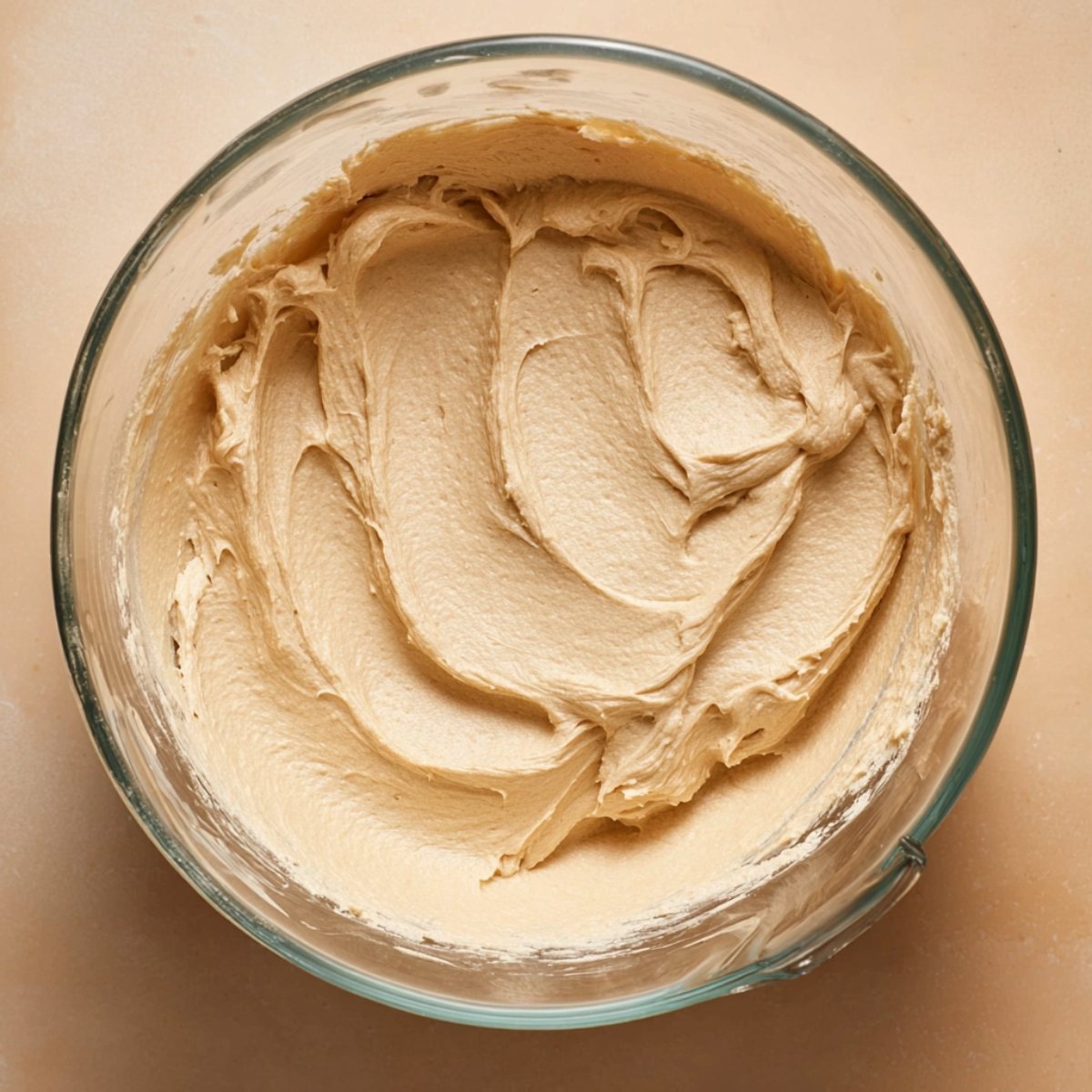 Close-up of creamy coffee buttercream frosting inside a glass mixing bowl, with soft, smooth texture and subtle swirls on the surface.