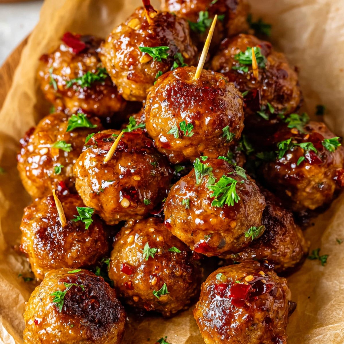 A close-up of glossy glazed Air Fryer Firecracker Chicken Meatballs garnished with parsley, topped with toothpicks, and a hint of chili flakes for extra flavor.